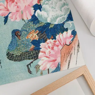 Poster decorativo Pavão e Peônias gravura japonesa vintage em madeira de Utagawa Hiroshige