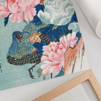 Poster decorativo Pavão e Peônias, gravura japonesa vintage em madeira de Utagawa Hiroshige.