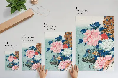 Poster decorativo Pavão e Peônias gravura japonesa vintage em madeira de Utagawa Hiroshige