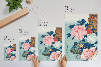 Poster decorativo Pavão e Peônias, gravura japonesa vintage em madeira de Utagawa Hiroshige.
