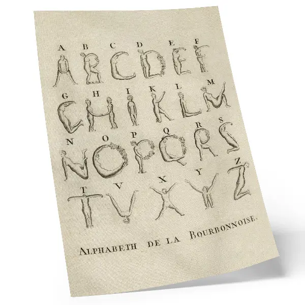 Pôster decorativo O Alfabeto Nu reprodução do Alfabeto de la Bourbonnoise de 1790