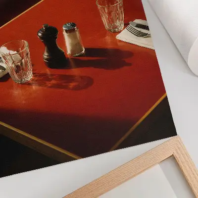 Poster decorativo mesa de restaurante com especiarias e utensílios de vidro