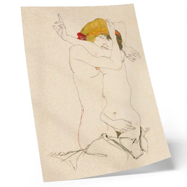 Arte de parede Duas Mulheres se Abraçando de Egon Schiele desenho a traço feminino da coleção do MET de 1913