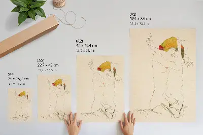Arte de parede Duas Mulheres se Abraçando de Egon Schiele desenho a traço feminino da coleção do MET de 1913