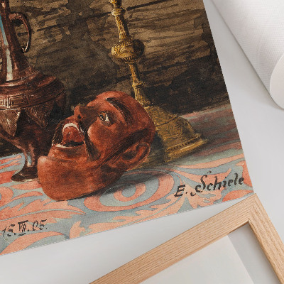 Poster decorativo Natureza-morta com castiçal, vaso e máscara, de Egon Schiele.