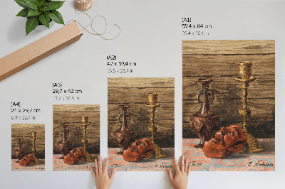 Poster decorativo Natureza-morta com castiçal, vaso e máscara, de Egon Schiele.