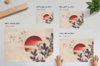 Poster Pássaros e pôr do sol, de Katsushika Hokusai, do Álbum de Esboços (1814), gravura japonesa vintage em madeira.