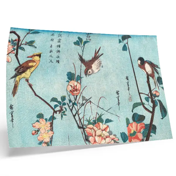 Pôster Pássaros e Flores Japoneses de Utagawa Hiroshige gravura antiga em madeira de 1833 para decoração da sala