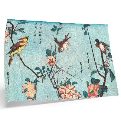 Pôster Pássaros e Flores Japoneses de Utagawa Hiroshige gravura antiga em madeira de 1833 para decoração da sala