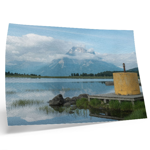 Poster em tela Montanhas, lago, nuvens, ponte