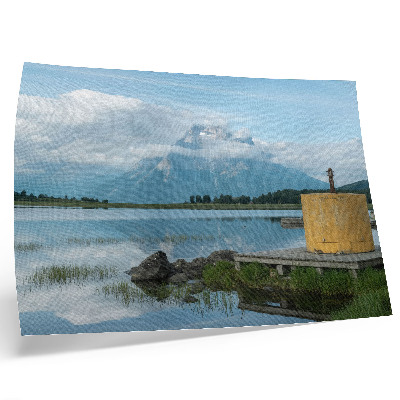 Poster em tela Montanhas, lago, nuvens, ponte