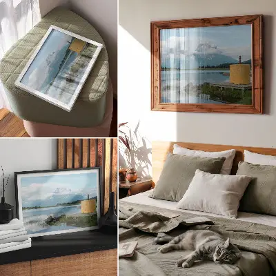 Poster em tela paisagem de montanhas com lago, nuvens e ponte