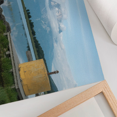 Poster em tela Montanhas, lago, nuvens, ponte