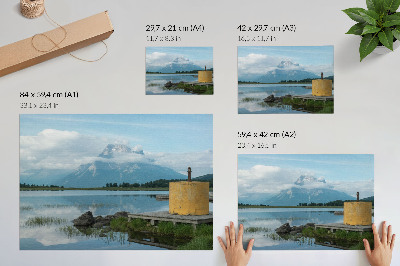 Poster em tela Montanhas, lago, nuvens, ponte