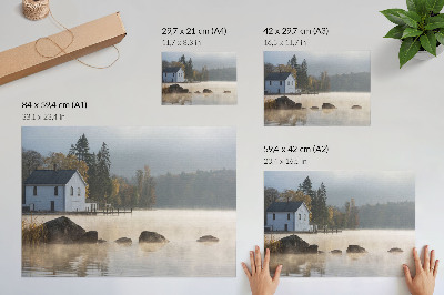 Poster mural Paisagem enevoada, lago, chalé, árvores, outono