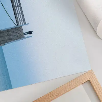 Poster para a sala com estética minimalista de pessoa em escadas e arquitetura