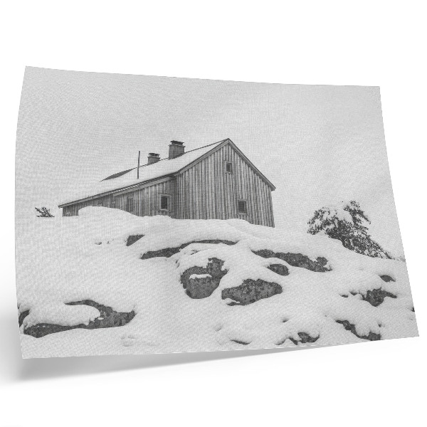 Poster para a sala Uma casa de inverno minimalista com a neve ao fundo.