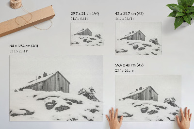 Poster para a sala Uma casa de inverno minimalista com a neve ao fundo.