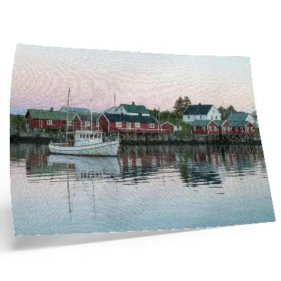 Poster para sala com estampa de casas vermelhas em estilo cubista à beira do lago