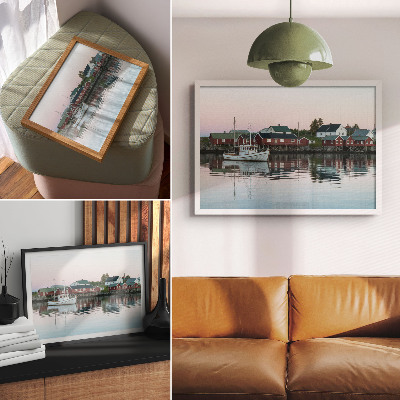 Poster para a sala As casas vermelhas de estilo cubista à beira do lago são radiantes.