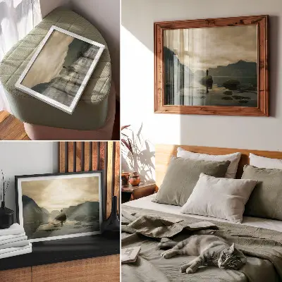 Poster com montanhas, lago, pessoa e harmonia da natureza
