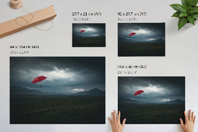 Poster em tela paisagem de montanhas com nuvens escuras e guarda-chuvas vermelhos