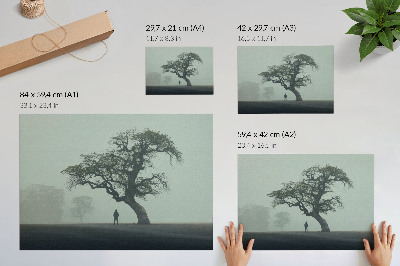 Poster árvore solitária, névoa, silhueta escura, atmosfera
