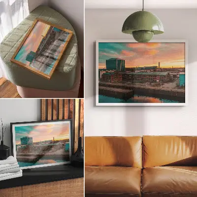 Poster em tela prédios industriais ao pôr do sol com atmosfera tranquila