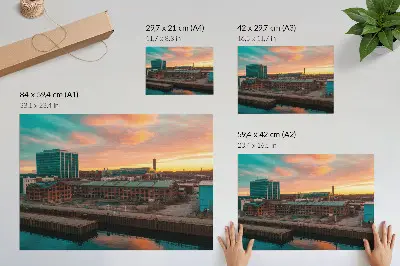 Poster em tela prédios industriais ao pôr do sol com atmosfera tranquila