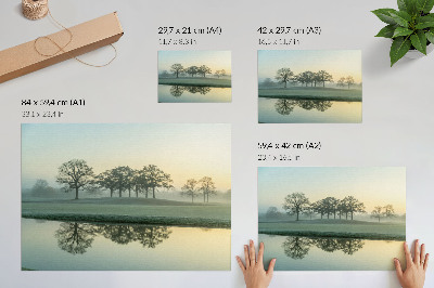 Poster em tela Superfície da água calma, reflexo das árvores, neblina suave