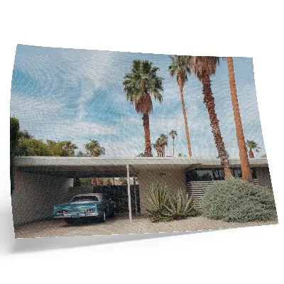 Poster mural palmeiras exóticas, casa modernista e carro clássico