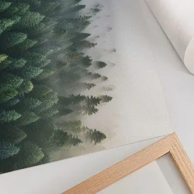 Poster mural floresta verdejante na neblina com aspecto atmosférico e misterioso