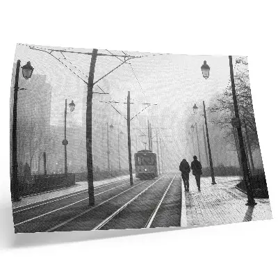 Pôster mural neblina de bonde com postes de luz e atmosfera urbana