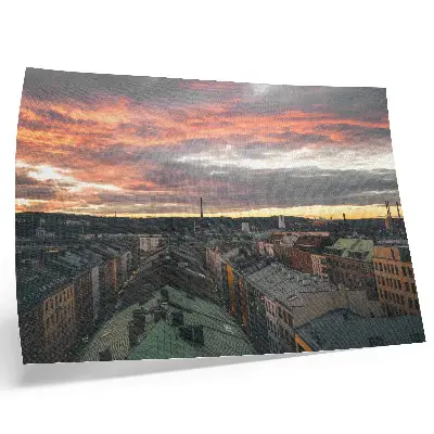 Pôster pôr do sol sobre a cidade com panorama colorido