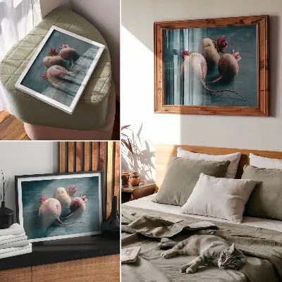 Poster decorativo para sala três beterrabas com estética minimalista