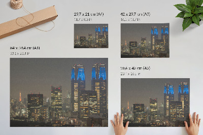 Poster mural Arranha-céus iluminavam a cidade noturna, edifícios modernos.