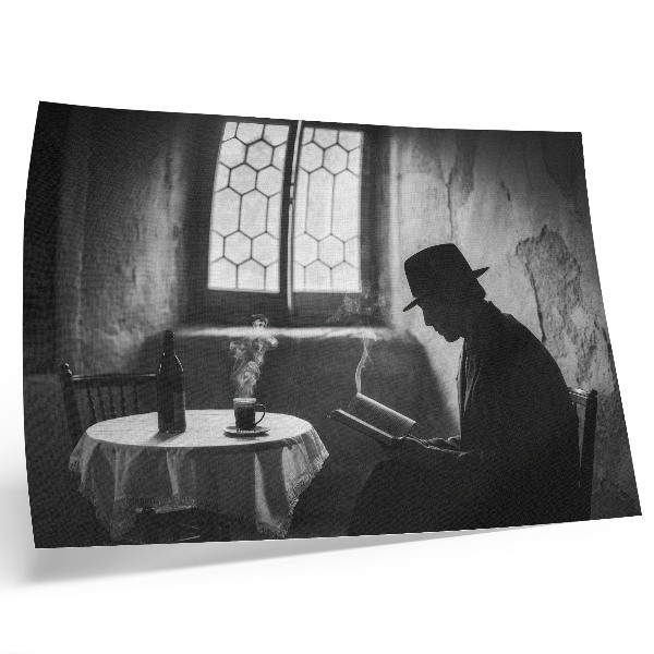 Poster em tela Atmosfera em preto e branco, homem com um livro, elegância clássica.
