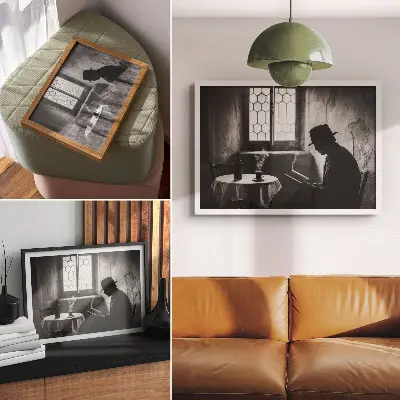 Poster em tela atmosfera em preto e branco com um homem lendo um livro em estilo clássico