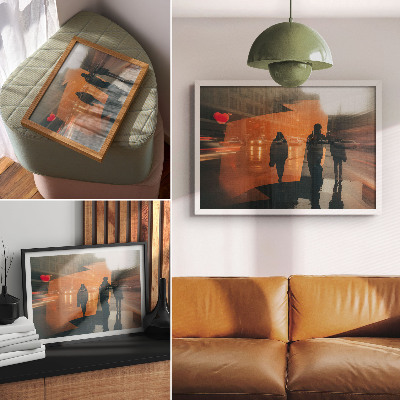 Poster para a sala Cidade ao entardecer, reflexos laranja neon.