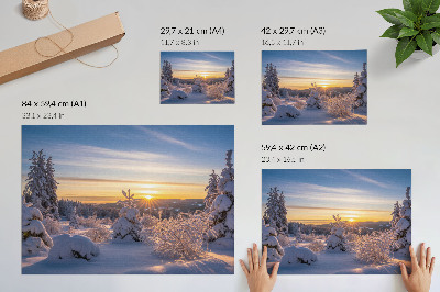 Poster em tela Paisagem de inverno com neve e sol no horizonte.