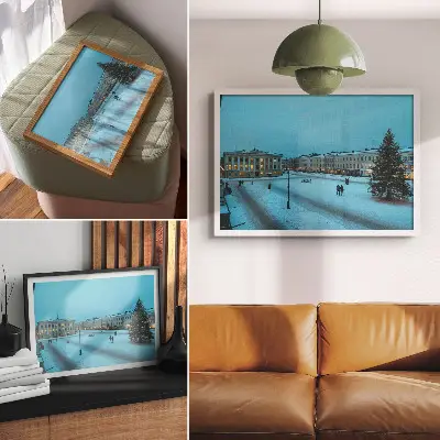 Poster paisagem de inverno com arquitetura clássica e atmosfera natalina