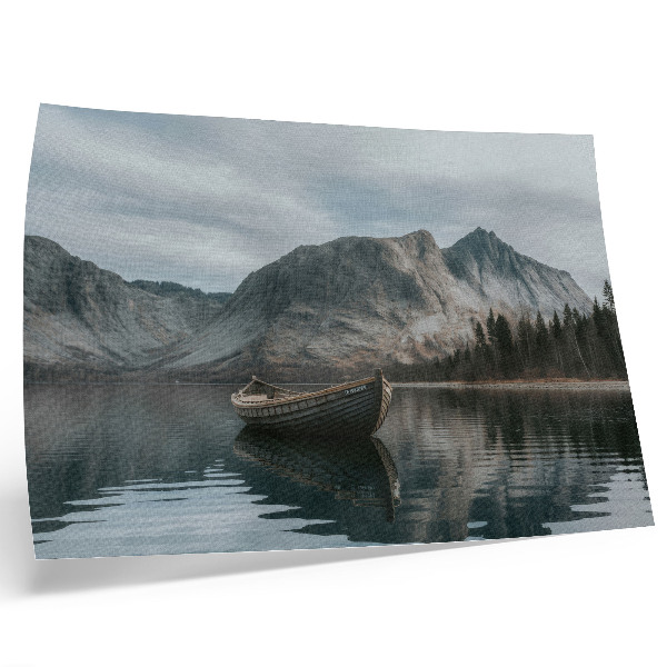 Poster em tela Montanhas, lago, barco, paz, harmonia