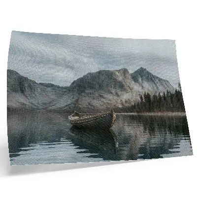Poster em tela com paisagem de montanhas, lago, barco, paz e harmonia