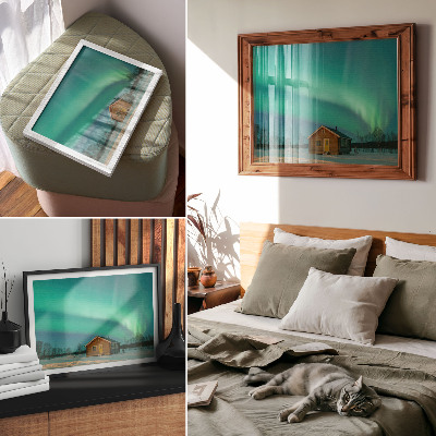 Poster em tela Aurora boreal sobre a casa de campo de inverno