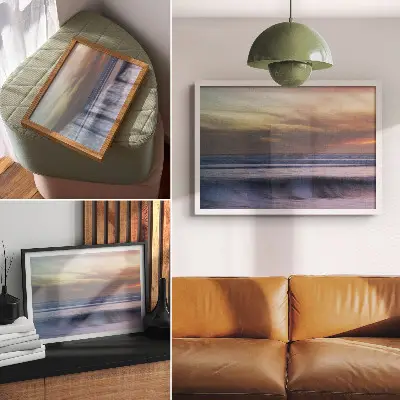 Poster mural com ondas do oceano em tons pastel e o sol se pondo