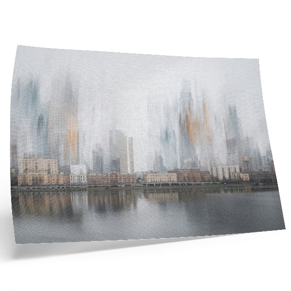 Poster em tela cidade enevoada, reflexo em tons pastel, modernidade