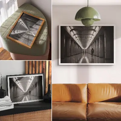 Poster decorativo para sala com estampa de corredor monocromático com colunas