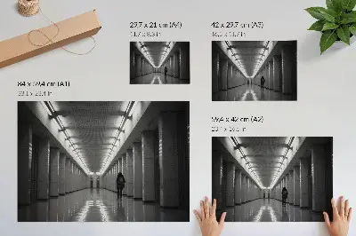 Poster decorativo para sala com estampa de corredor monocromático com colunas