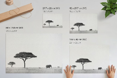 Poster mural Elefantes e acácias na savana em uma escala sutil
