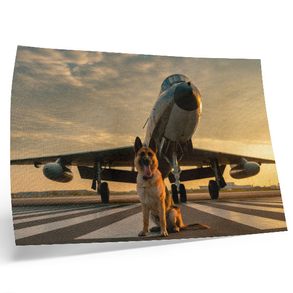 Poster Cachorro e avião ao pôr do sol - uma visão única.